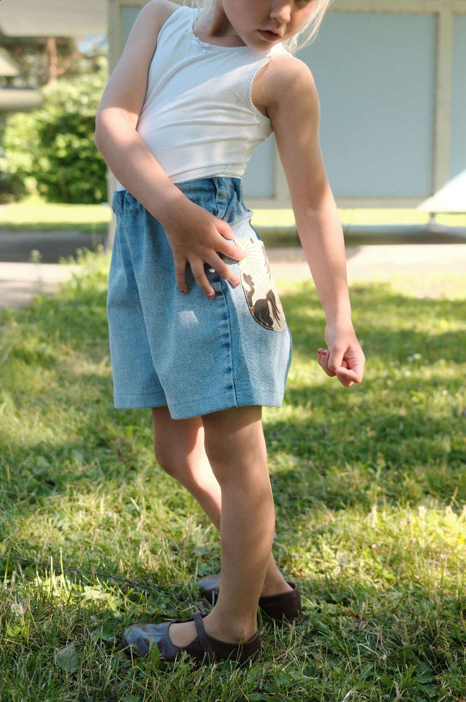 BOBBIE SHORTS, UPCYCLED LIGHT DENIM, BLCK HORSE COWBOY POCKETS