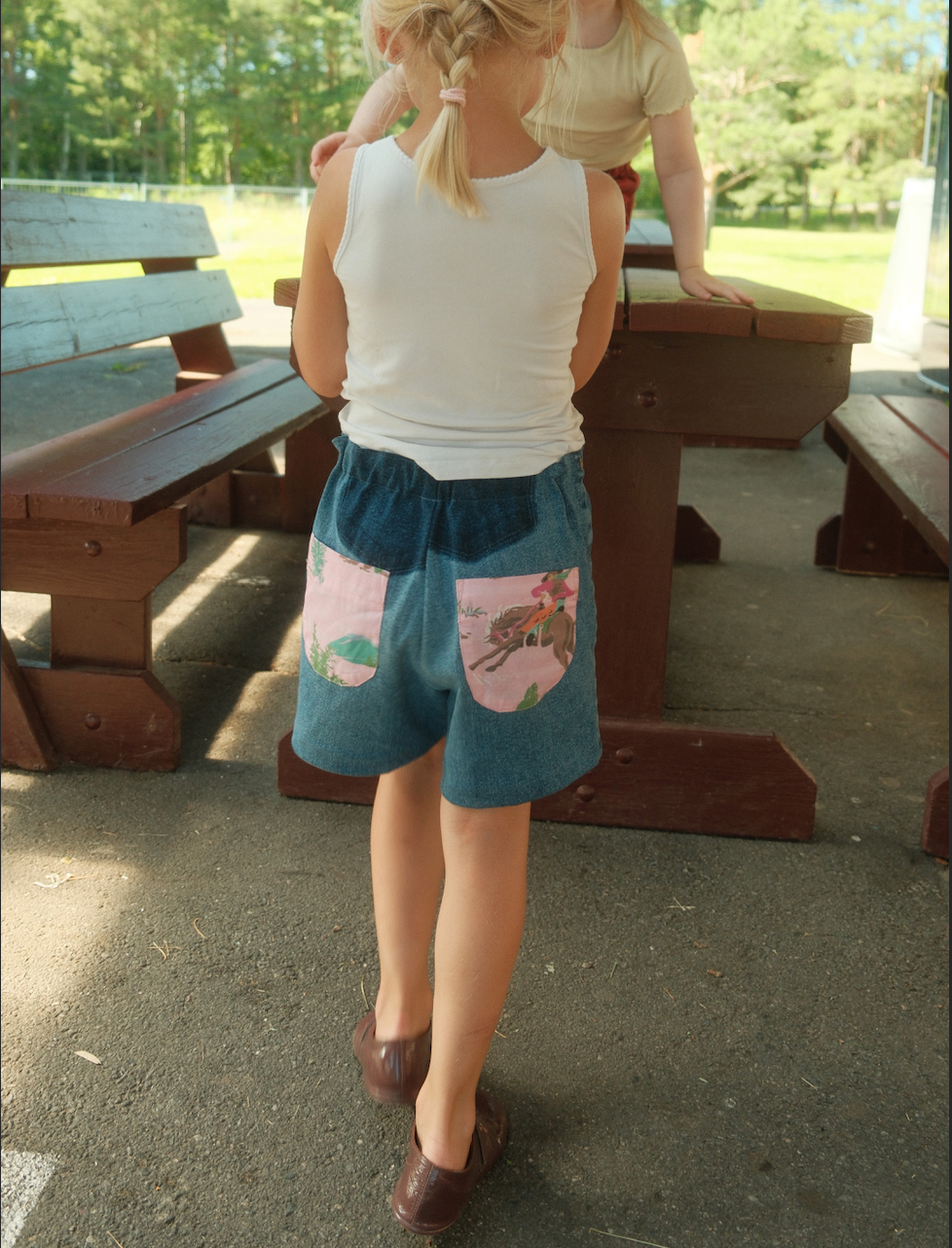 BOBBIE SHORTS, UPCYCLED BLUE DENIM, PINK HORSE COWBOY POCKETS