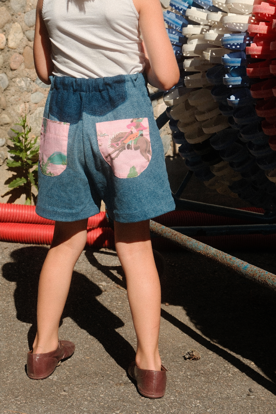 BOBBIE SHORTS, UPCYCLED BLUE DENIM, PINK HORSE COWBOY POCKETS