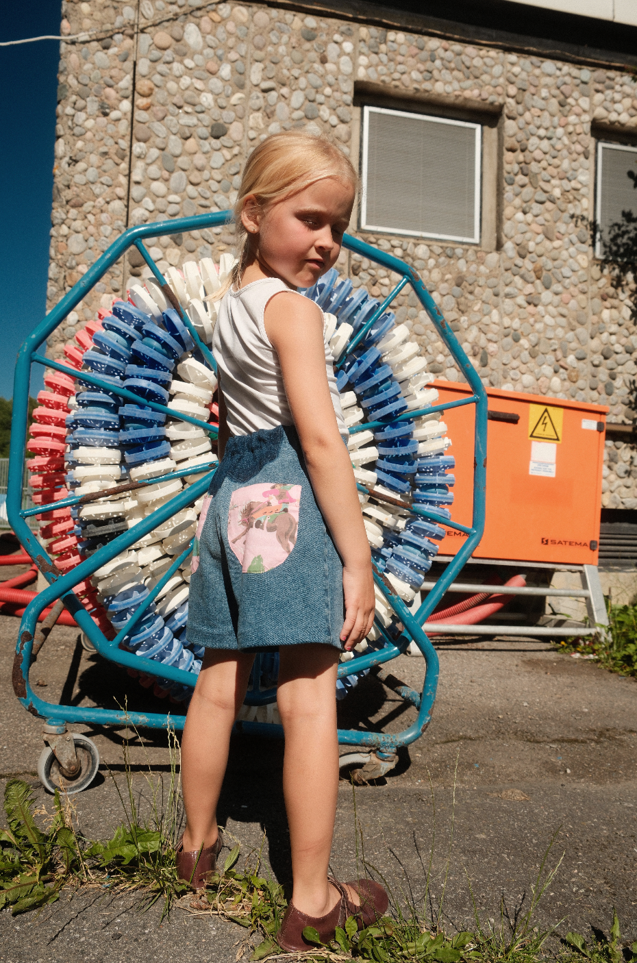 BOBBIE SHORTS, UPCYCLED BLUE DENIM, PINK HORSE COWBOY POCKETS