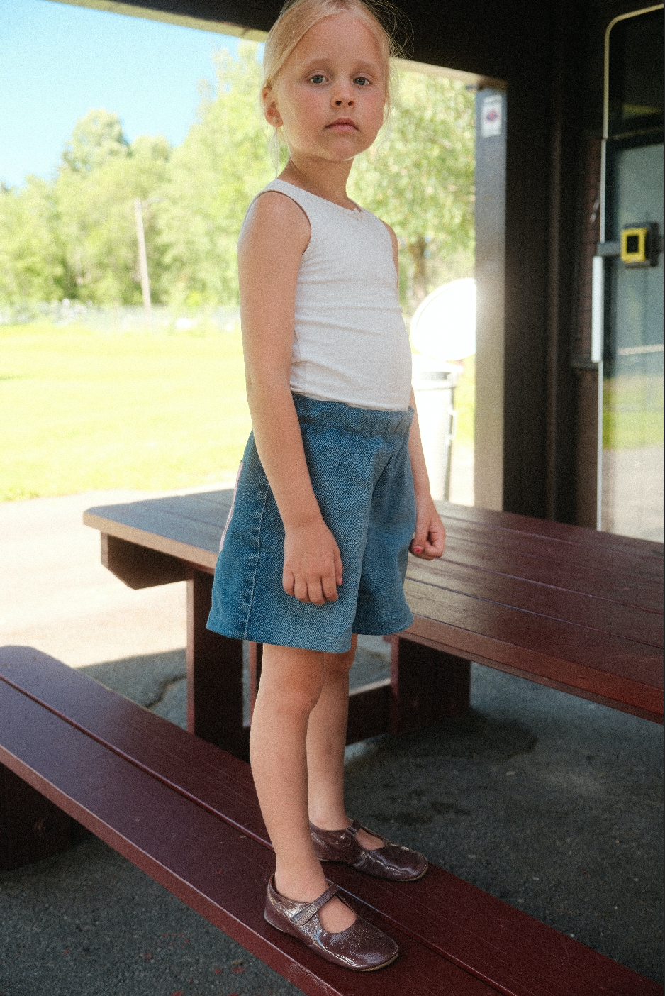 BOBBIE SHORTS, UPCYCLED BLUE DENIM, PINK HORSE COWBOY POCKETS