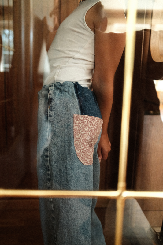 BILLE PANT, UPCYCLED LIGHT DENIM, ROSE POCKETS