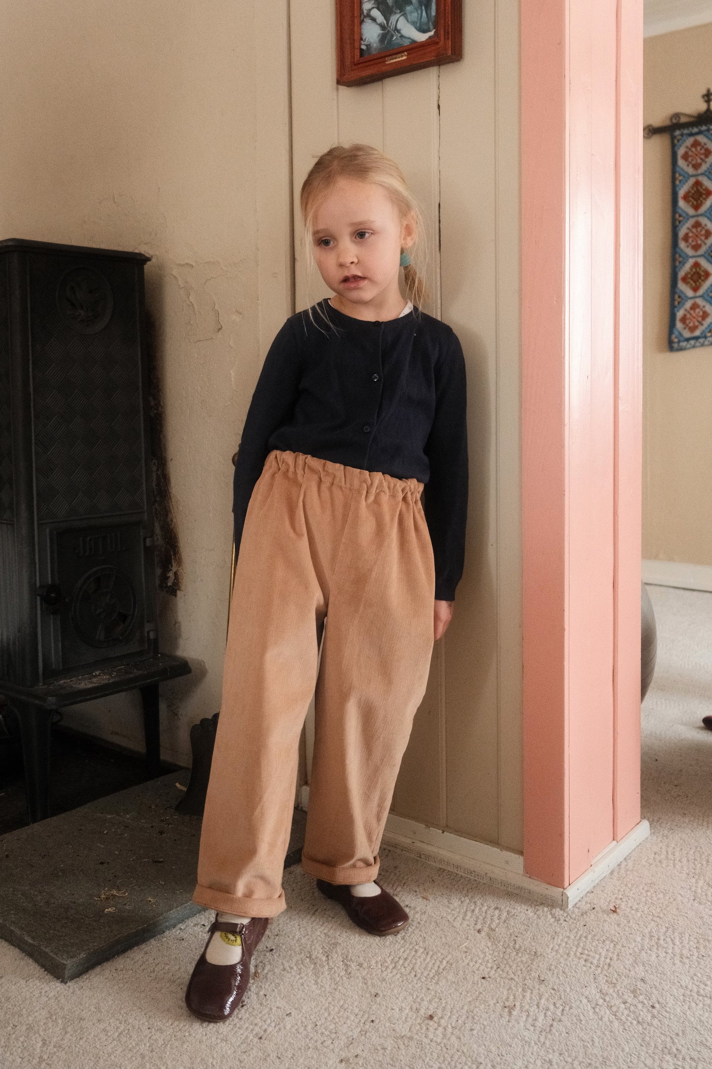 BILLE PANT, CAMEL CORDUROY, SALMON PINK FLOWER POCKETS