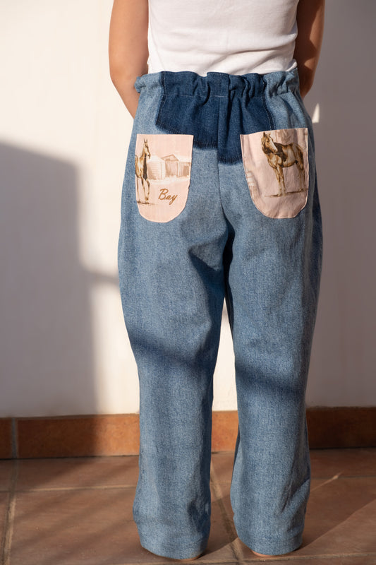 BILLE PANT, UPCYCLED LIGHT DENIM, PINK HORSE POCKETS