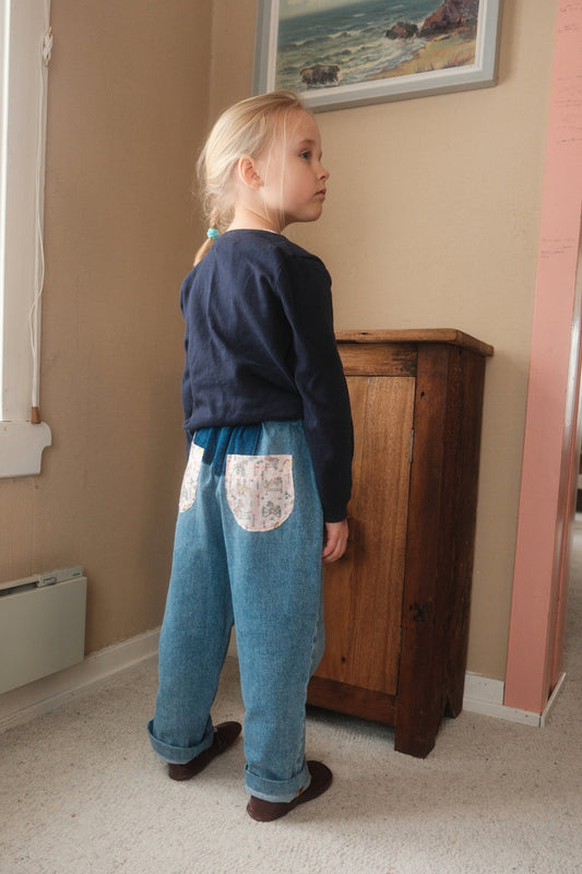 BILLE PANT, UPCYCLED LIGHT DENIM, LIBERTY TINY HORSE POCKETS