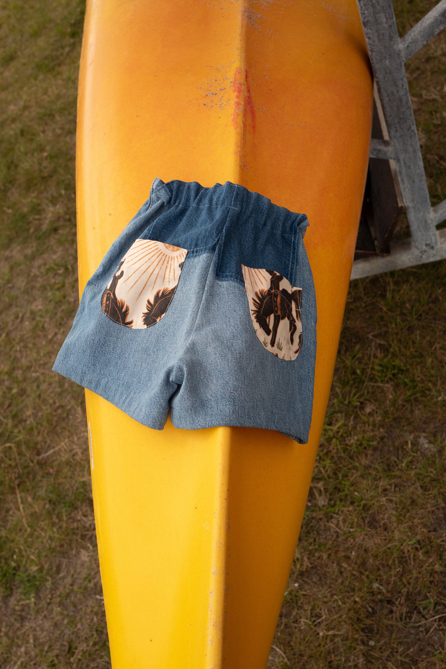 BOBBIE SHORTS, UPCYCLED LIGHT DENIM, BLCK HORSE COWBOY POCKETS